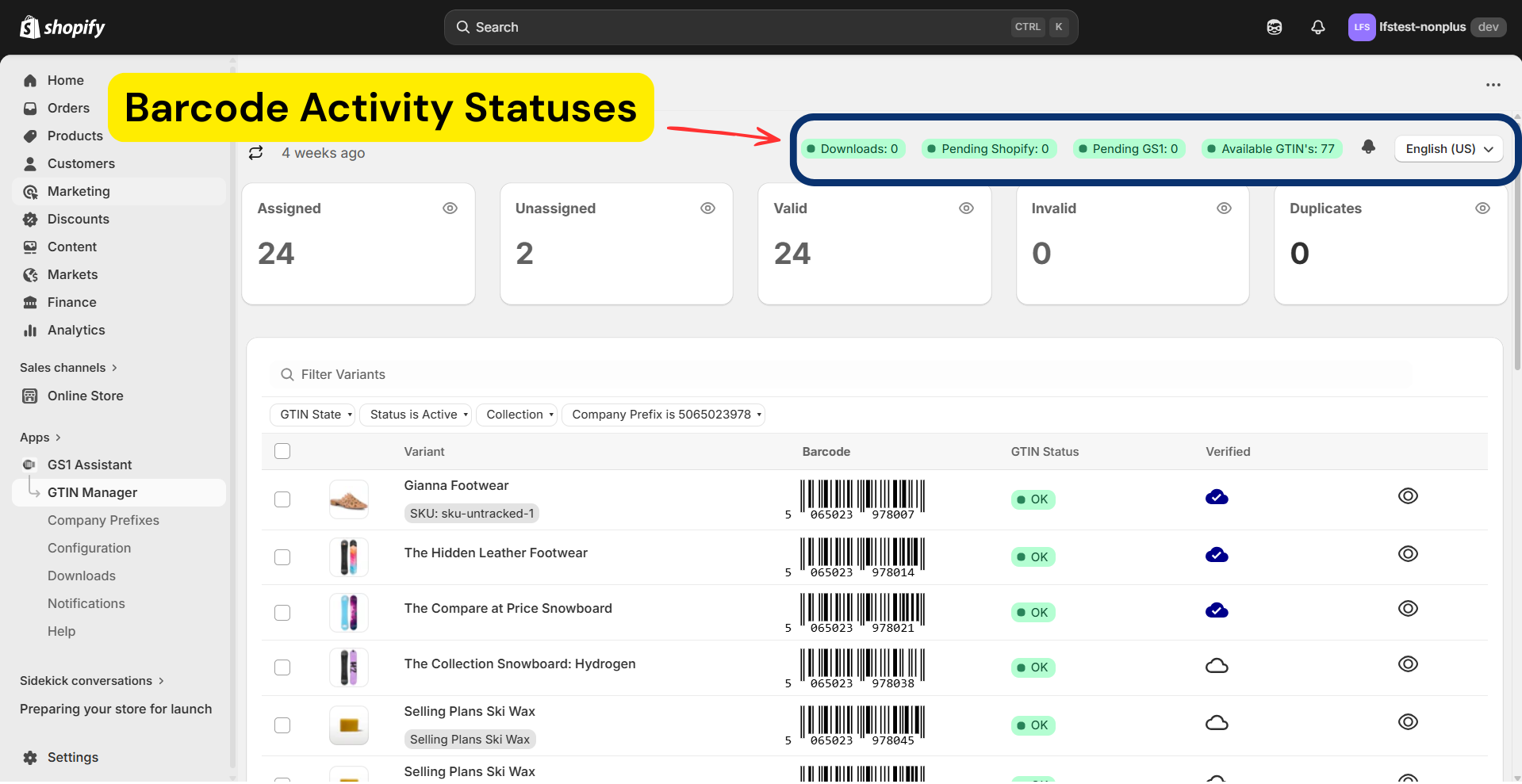 Barcode activity statuses