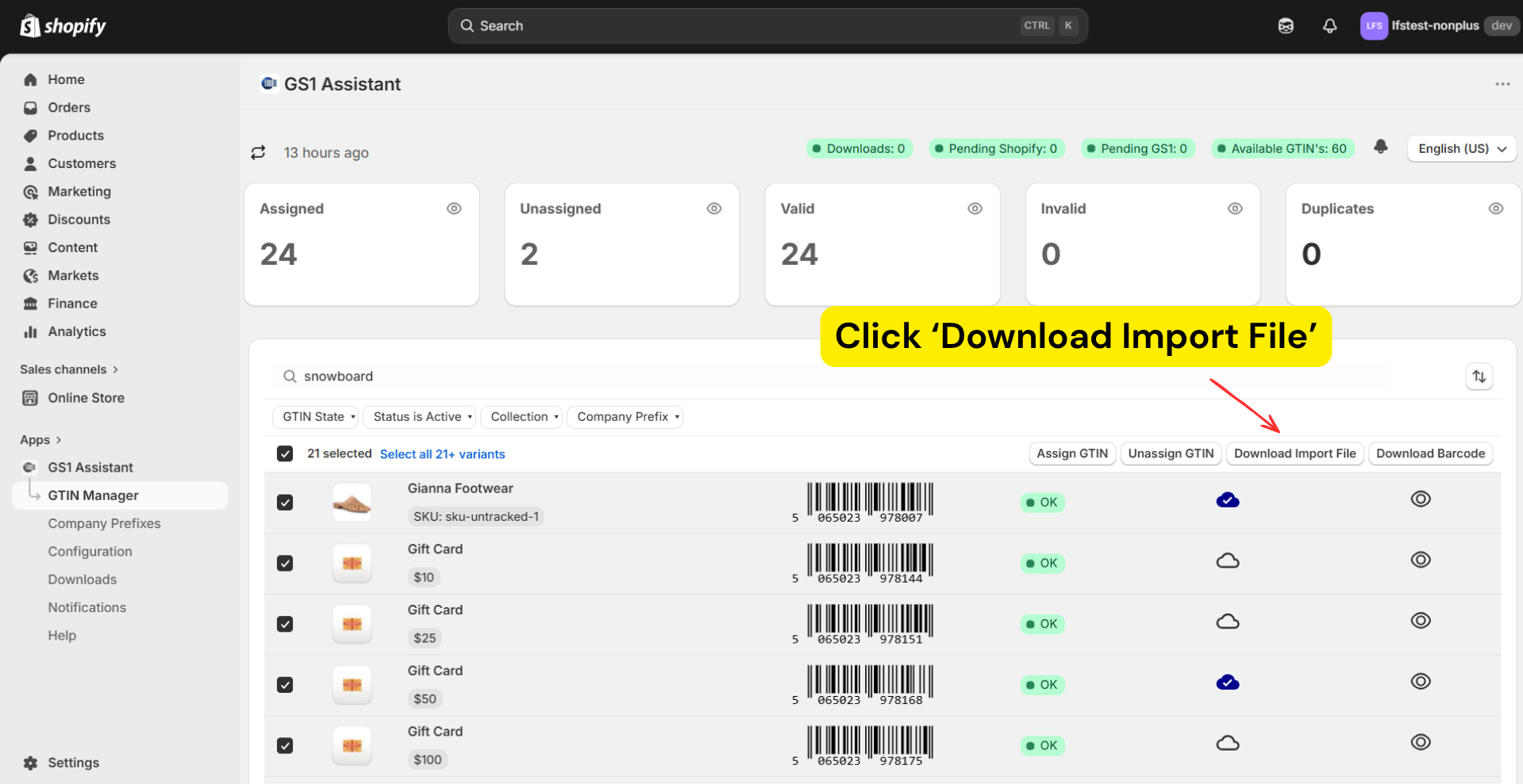 Download Import File button