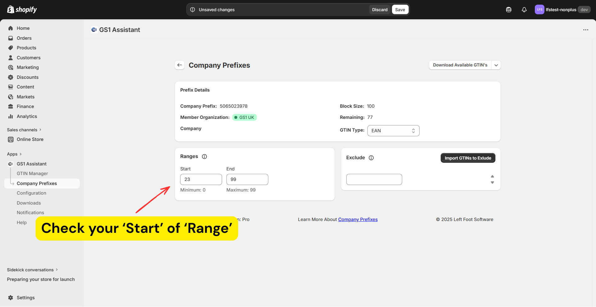 Start of Range setting